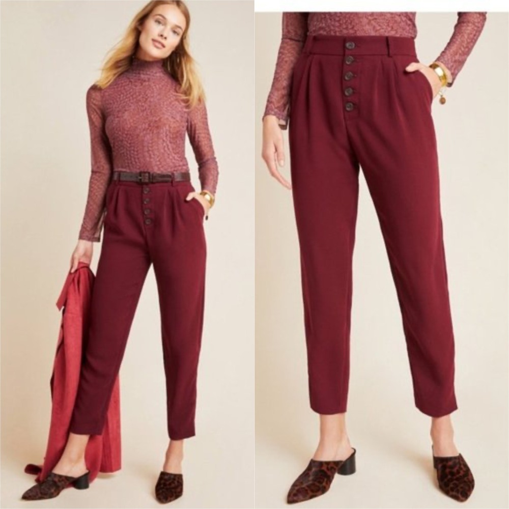 Anthropologie‎ Sasha Trouser Pant Burgundy Button Front Pleated Cropped Size 4